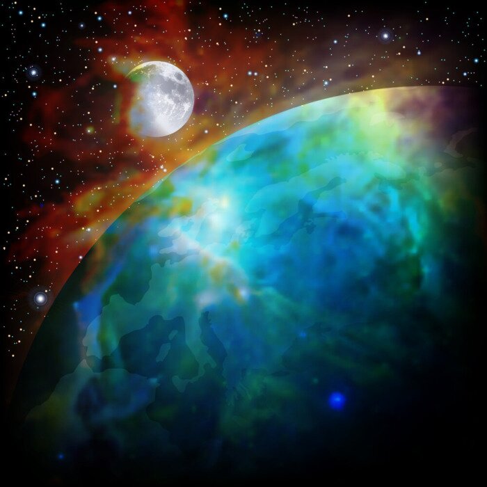 Fotobehang De maan en de Aarde in het melkwegstelsel