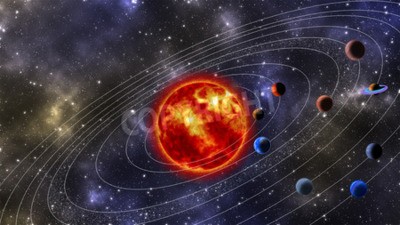 Fotobehang De oranje zon, planeten en banen