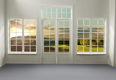Fotobehang De ramen van het huis kijken uit op de weide