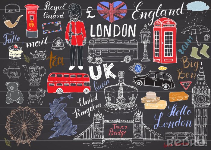 Fotobehang De stad van Londen doodles elementen collectie. Hand getrokken set met, de Tower Bridge, de kroon, de big ben, koninklijke wacht, rode bus, UK kaart en vlag, theepot, belettering, vector illustratie o