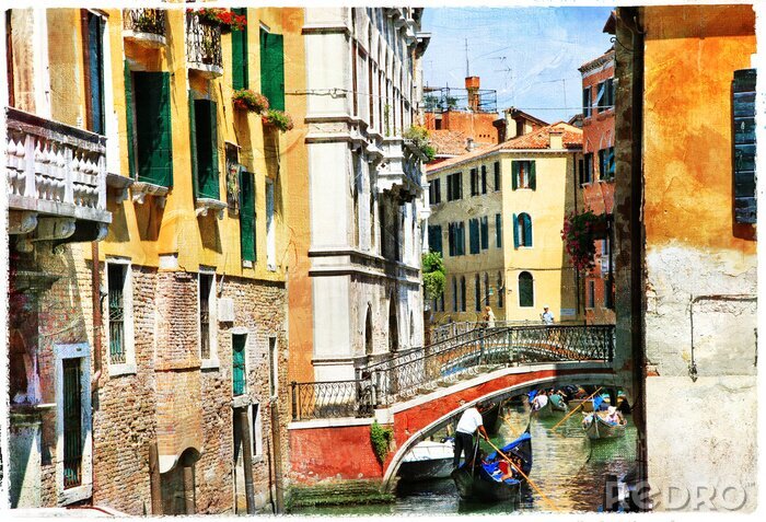 Fotobehang De Venetiaanse grachten en rode brug