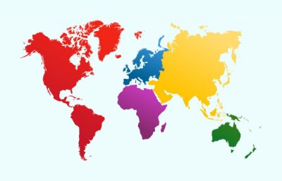 Fotobehang De verschillende gekleurde continenten op de wereldkaart