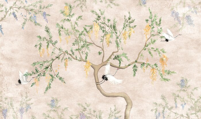 Fotobehang Decorative flowering tree with flying cranes. Mural, Wallpaper for interior design.