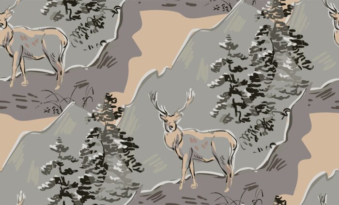 Fotobehang deer vector japanese chinese nature ink illustration engraved sketch traditional textured seamless pattern colorful watercolor