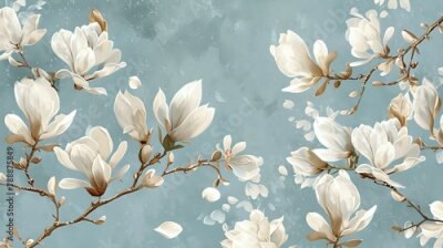 Fotobehang Delicate vintage magnolia flowers on light blue background, perfect for floral pattern wallpaper