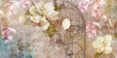 Fotobehang Design for mural, wallpaper, photo wallpaper, card, postcard. Floral background. Magnolia, jasmine flowers illustration.