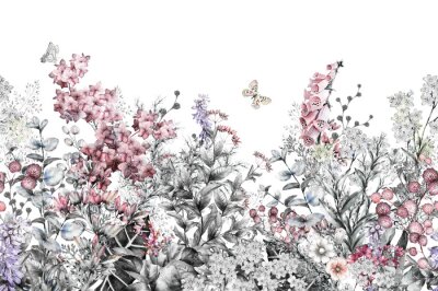 Fotobehang Dicht struikgewas van wilde weide met bloemen