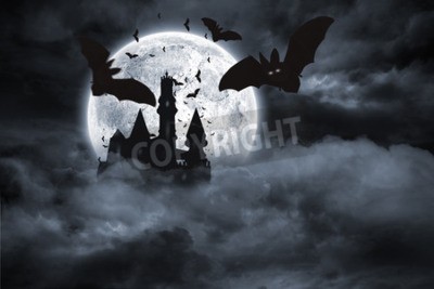 Fotobehang Digitaal gegenereerde vleermuizen vliegen van draculas kasteel