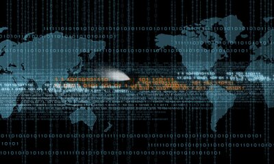 Fotobehang Digitale gegevens op de achtergrond van een wereldkaart