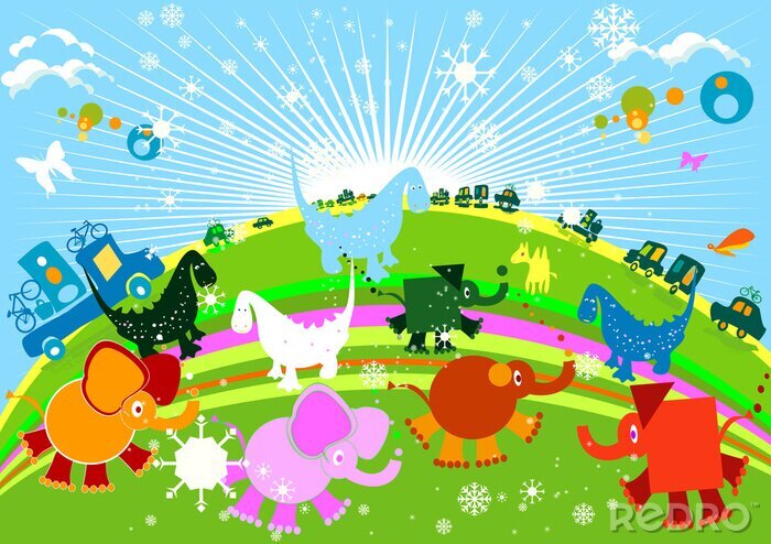 Fotobehang Dinosaurusolifanten en auto's