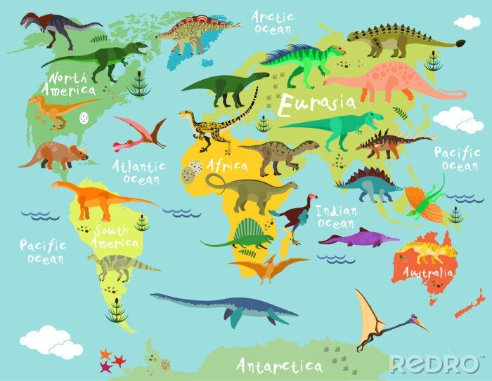 Fotobehang Dinosaurussen op de wereldkaart