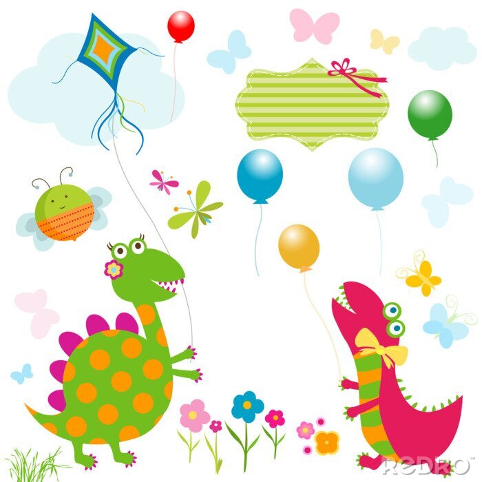 Fotobehang Dinosaurussen vliegeren en kleurrijke ballonnen