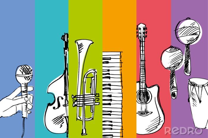 Fotobehang Diverse muziekinstrumenten op een kleurrijke achtergrond