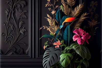 Fotobehang Donker stucwerk en exotische 3D bloemen