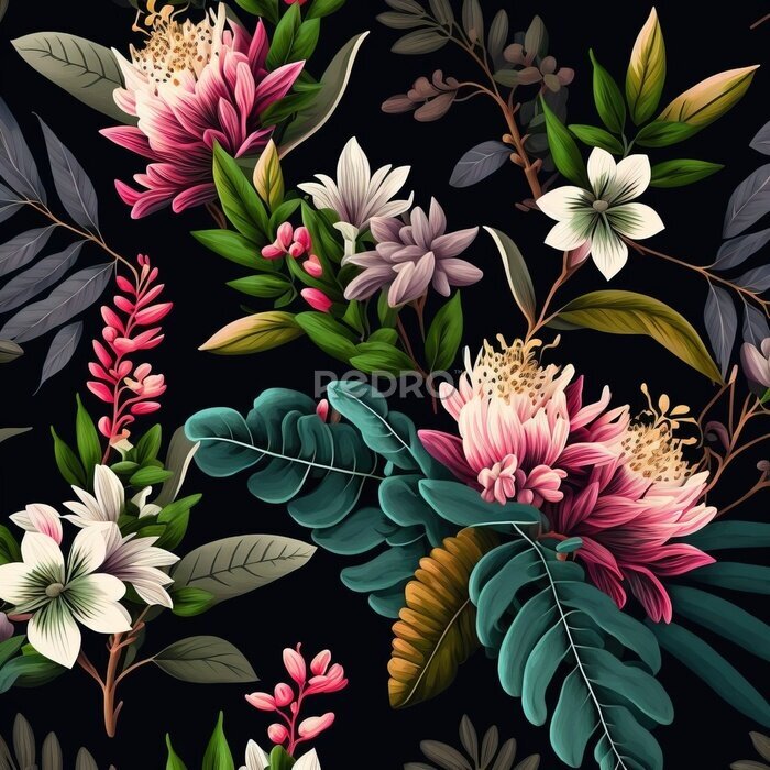 Fotobehang Donkere illustratie met bloemen
