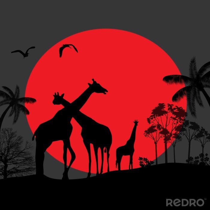 Fotobehang Donkere silhouetten van dieren op de achtergrond van de maan