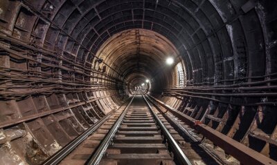 Fotobehang Donkere spoorwegtunnel in 3D