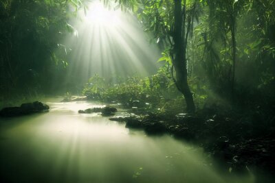 Fotobehang Donkergroen bos in de stralen van de zon