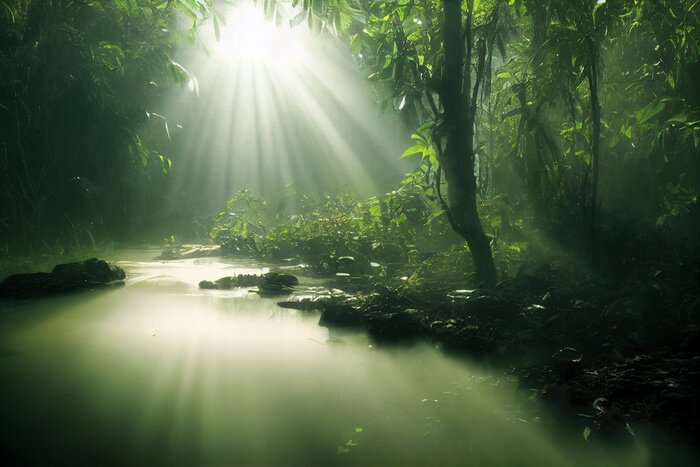 Fotobehang Donkergroen bos in de stralen van de zon