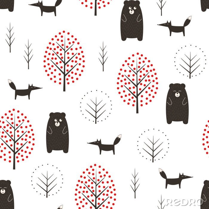 Fotobehang Draag, vos en bomen naadloos patroon op witte achtergrond. De eenvoudige Skandinavische illustratie van de stijlaard. Leuk bos met dierenontwerp voor textiel, behang, stof.