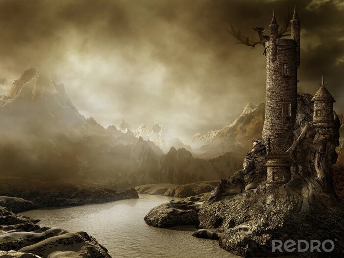 Fotobehang Draak verdedigt een kasteel