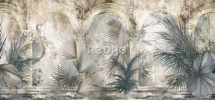 Fotobehang Drawn tropical, exotic plants and leaves among the columns. Floral background for mural, wallpaper, photo wallpaper, postcard, card. Loft, modern, classic design.