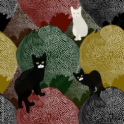 Drie katten op kleurrijke heuvels
