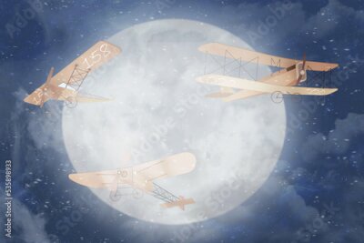 Fotobehang Drie vliegtuigen tegen de maan