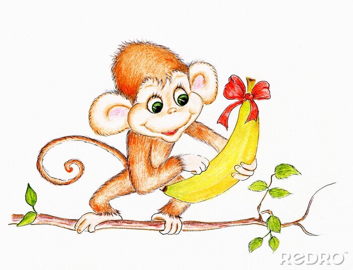 Fotobehang Een aap op een tak met een bananencadeau