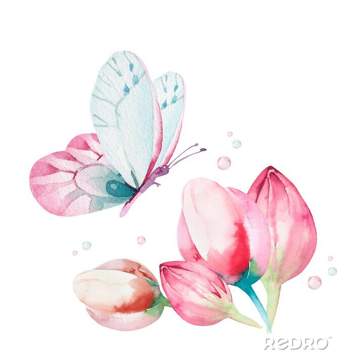 Fotobehang Een aquarel vlinder die naar een bloem vliegt