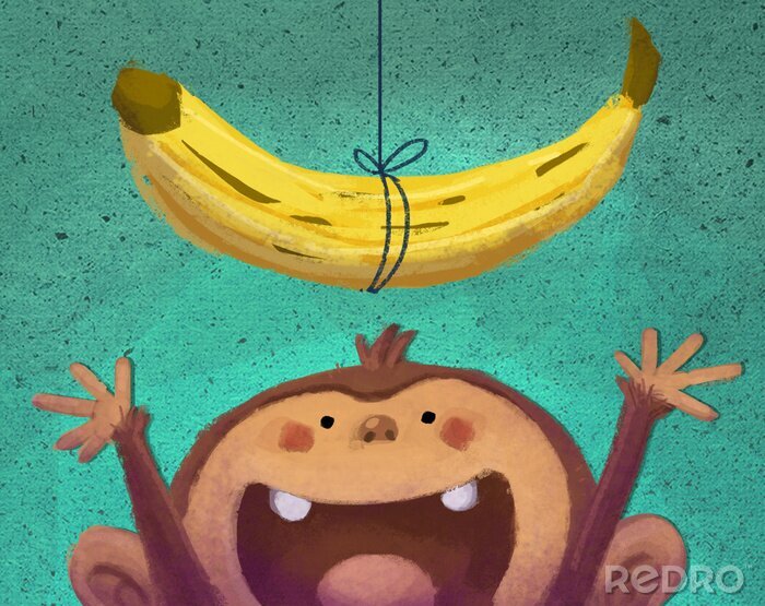 Fotobehang Een banaan aan een touwtje en een aap