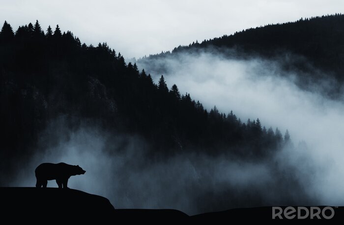 Fotobehang Een beer tegen een berglandschap in de mist
