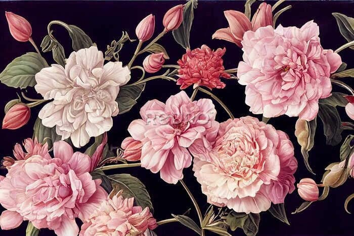 Fotobehang Een bloemencompositie op een zwarte achtergrond