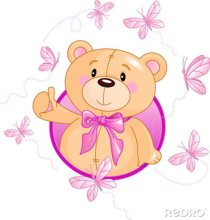 Fotobehang Een blozende teddybeer met een roze strik