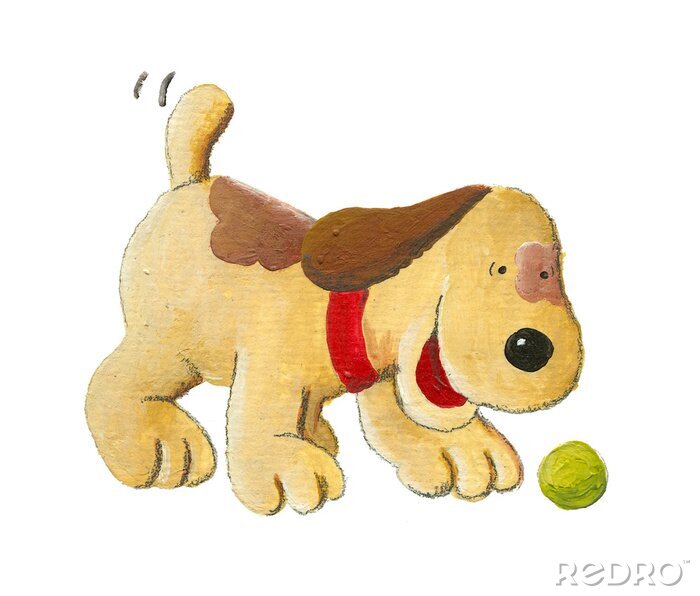 Fotobehang Een bruine hond speelt met een groene bal