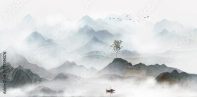 Fotobehang Een delicaat berglandschap in de mist in artistieke stijl