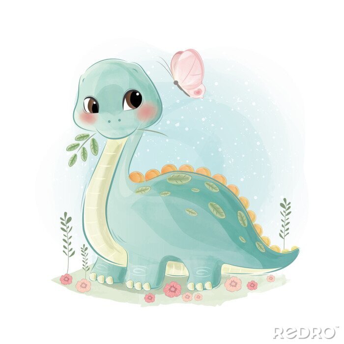 Fotobehang Een dinosaurus die een vlinder bekijkt