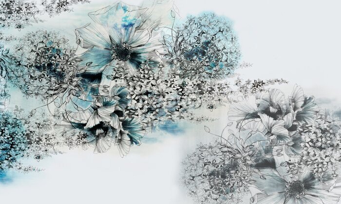 Fotobehang Een elegant thema met bloemen en blauwe verf
