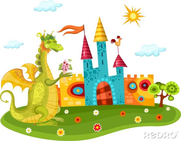 Fotobehang Een felgroene draak naast een sprookjesachtig veelkleurig kasteel