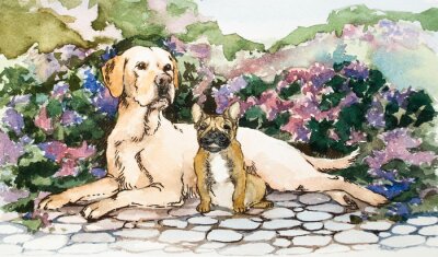 Fotobehang Een gedetailleerde handtekening op papier. Lichte tinten en lichte kleuren. Bloeiende bloemenachtergrond. Waterverf concept. Dierlijk concept