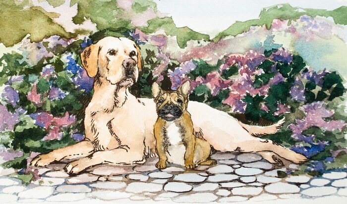 Fotobehang Een gedetailleerde handtekening op papier. Lichte tinten en lichte kleuren. Bloeiende bloemenachtergrond. Waterverf concept. Dierlijk concept