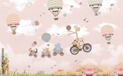 Fotobehang Een giraf op een fiets en ballonnen met dieren op een roze achtergrond.