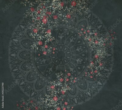 Fotobehang Een groene mandala omgeven door rozenpatronen