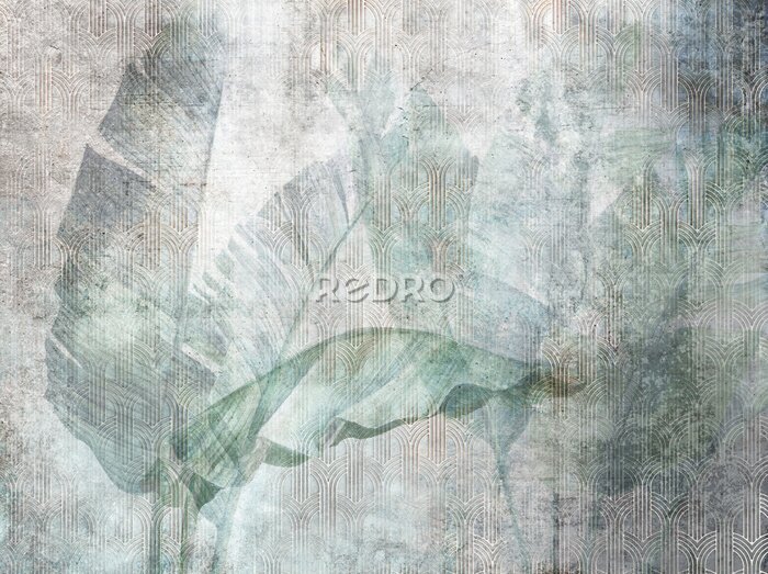 Fotobehang Een groot bananenblad op een grijze betonnen muur