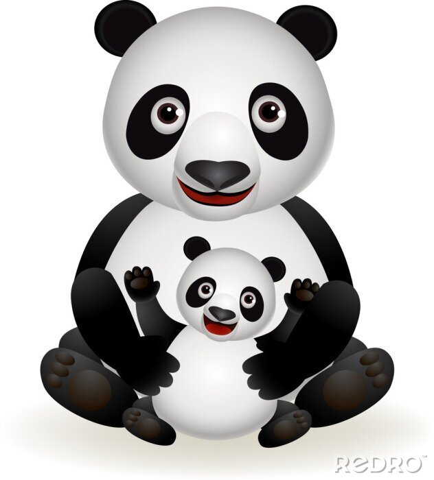 Fotobehang Een grote glimlachende panda die een kleinere vasthoudt