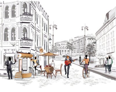 Fotobehang Een historische stadsstraat met mensen