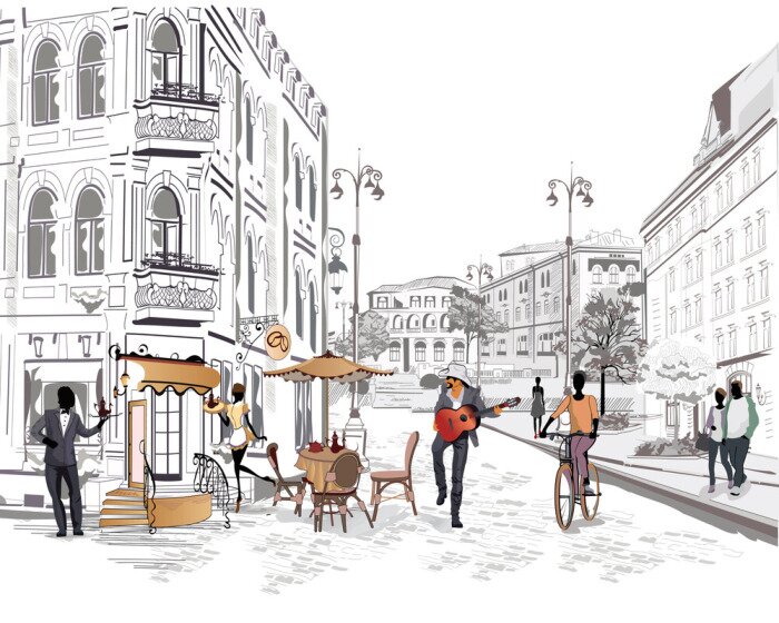 Fotobehang Een historische stadsstraat met mensen