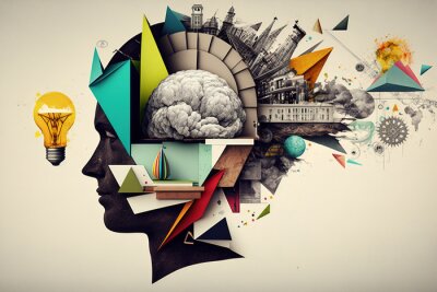 Fotobehang Een hoofd vol ideeën in een artistieke collagestijl