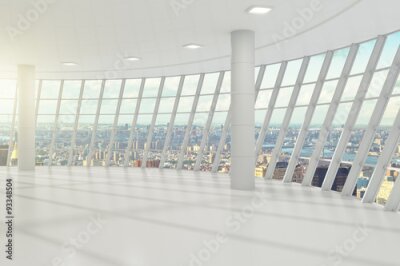 Fotobehang Een kamer met ramen en uitzicht op de stad