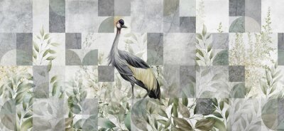 Fotobehang Een kraanvogel tussen de bladeren